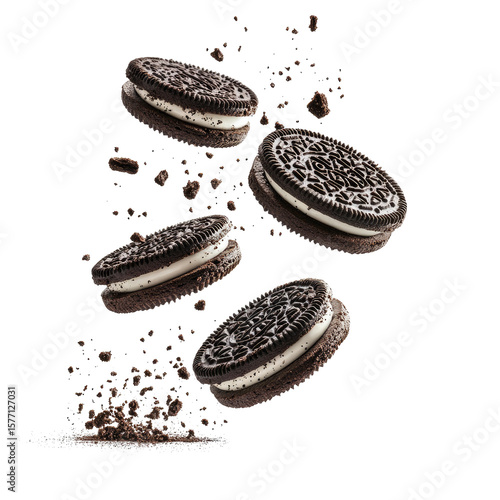 flying Oreo cookies with crumbs isolated on transparent white background, clipping path