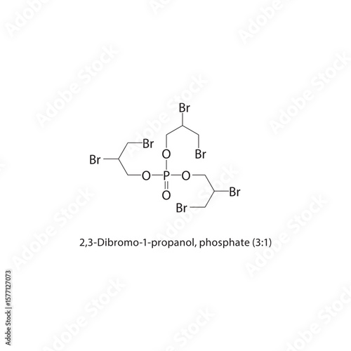 2,3-Dibromo-1-propanol, phosphate (3:1) skeletal structure. Halogenated phosphate ester compound schematic illustration. Simple diagram, chemical formula.