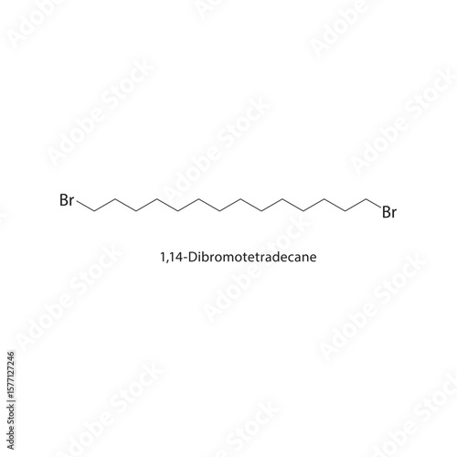 1,14-Dibromotetradecane skeletal structure. Halogenated long-chain alkane compound schematic illustration. Simple diagram, chemical formula.