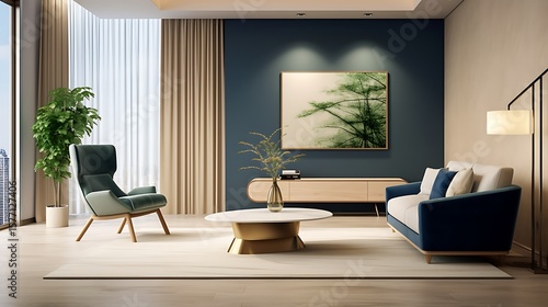 Wallpaper Mural Full-frame luxury minimalist lounge with matte navy sofa, botanical green chair, soft beige plaster walls with indirect LED lighting, oak coffee table, and clean open layout, Torontodigital.ca