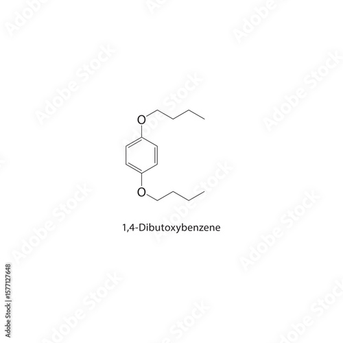 1,4-Dibutoxybenzene skeletal structure. Aromatic ether compound schematic illustration. Simple diagram, chemical formula.