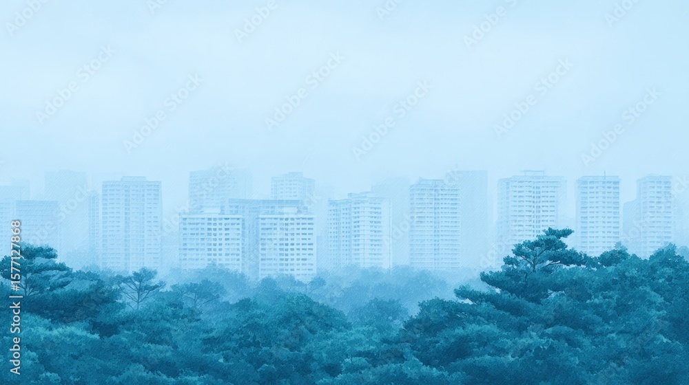 Obraz premium A serene skyline emerges through misty pines, evoking Zen contemplation and Ghost Festival's ethereal whispers in urban solitude
