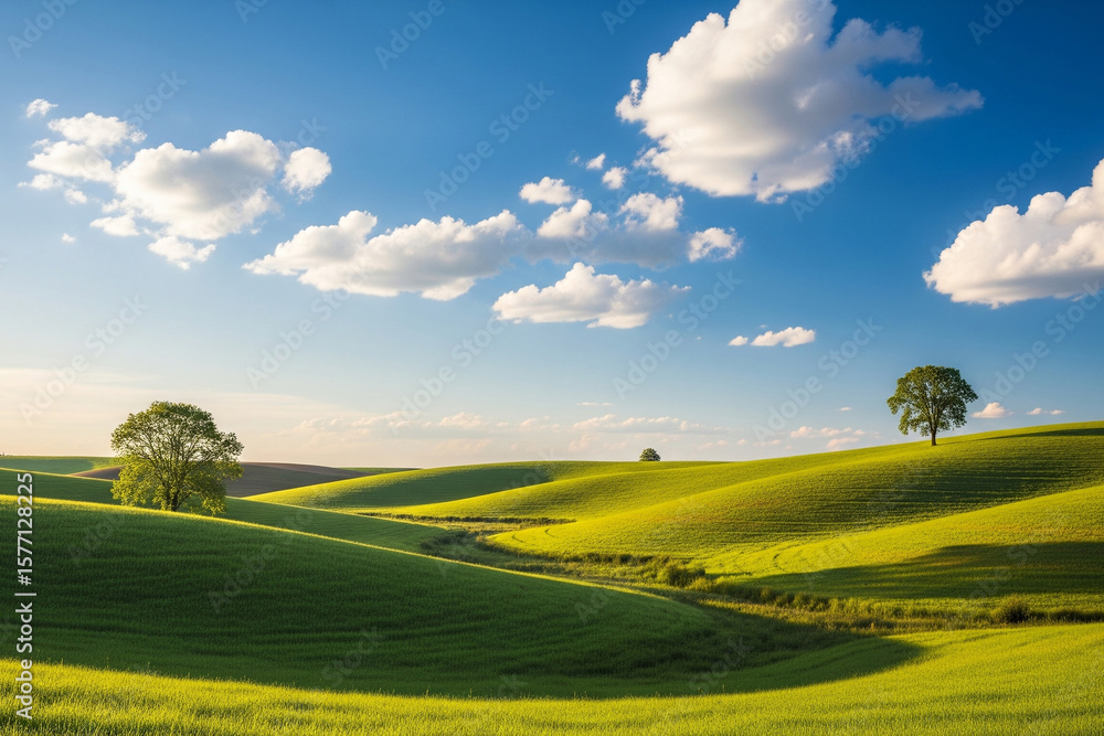 Fototapeta premium Serene Rolling Hills Under a Cloud-Kissed Sky