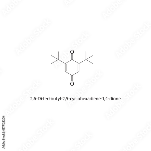2,6-Di-tert-butyl-2,5-cyclohexadiene-1,4-dione skeletal structure. Hindered quinonoid compound compound schematic illustration. Simple diagram, chemical formula.