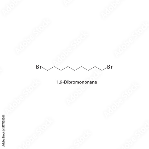 1,9-Dibromononane skeletal structure. Halogenated alkane compound schematic illustration. Simple diagram, chemical formula.