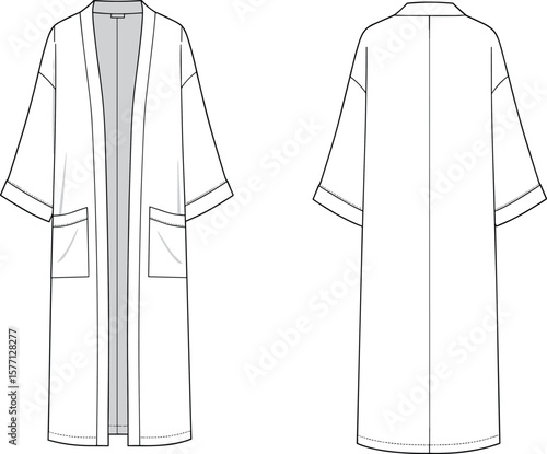 Flat vector illustration of a long sleeve cardigan with open front, patch pockets, fashion CAD drawing, garment template, apparel design