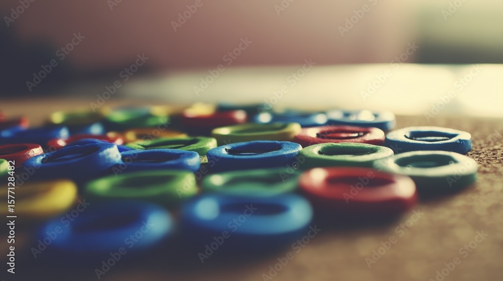 Fototapeta premium Colorful Plastic Letter Pieces Stacked on Wooden Surface Background