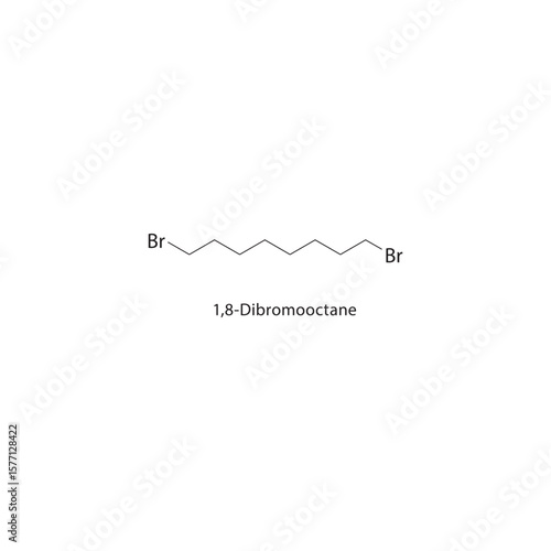 1,8-Dibromooctane skeletal structure. Halogenated alkane compound schematic illustration. Simple diagram, chemical formula.