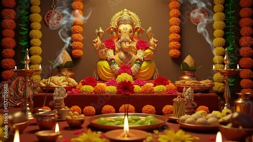 Golden Ganesha Statue Surrounded By Colorful Flowers Candles Incense And Offerings