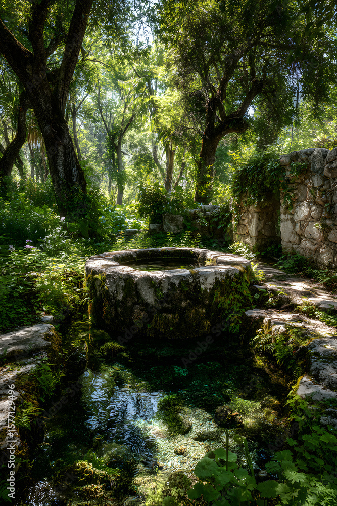 Harmonious Interplay of Ancient Well and Bubbling Spring Surrounded by Verdant Landscape Under Sunlit Canopy Harmonious Interplay of Ancient Well and Bubbling Spring Surrounded by Verdant Landscape Under Sunlit Canopy
