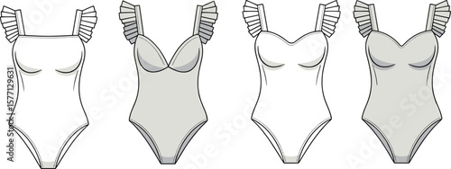 Women's Fashion One-Piece Swimsuit Design Technical Flat Sketch with Ruffled Straps and Sweetheart Neckline, CAD Drawing Flat Vector Illustration