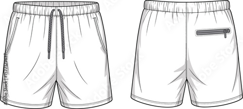 Men's Swim Shorts or Athletic Trunks Technical Drawing, Casual Bottom Apparel CAD Flat Vector Illustration for Design Resources, Essential Summer Sportswear.