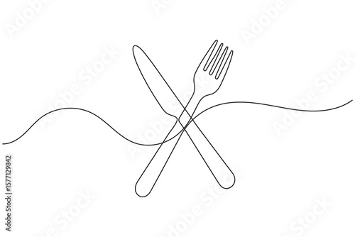 Minimalist line art of spoon fork and knife on white background for kitchen and restaurant design