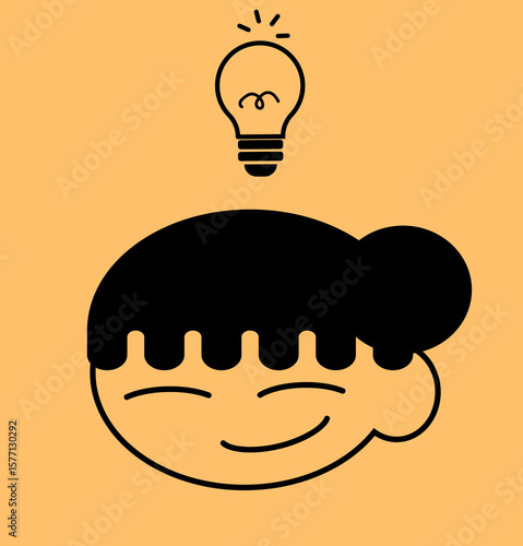 Smiling girl with light bulb idea. Flat cute face icon on orange background.