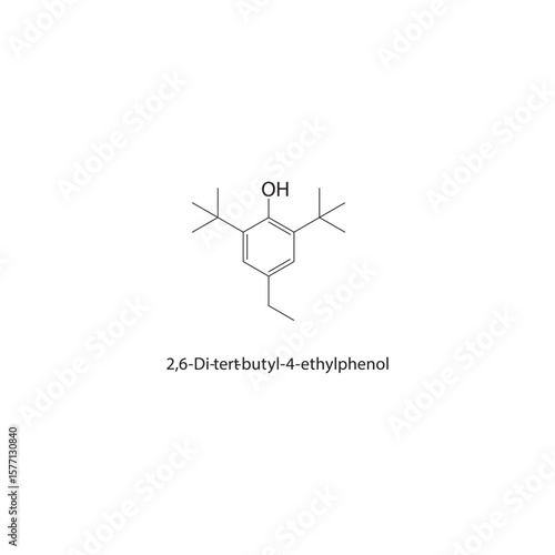 2,6-Di-tert-butyl-4-ethylphenol skeletal structure. Hindered phenol antioxidant compound schematic illustration. Simple diagram, chemical formula.