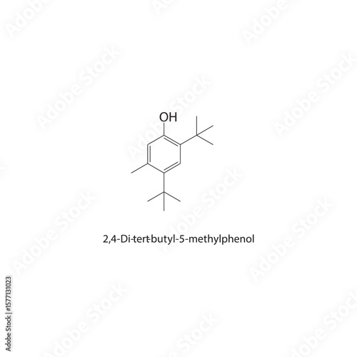 2,4-Di-tert-butyl-5-methylphenol skeletal structure. Hindered phenol antioxidant compound schematic illustration. Simple diagram, chemical formula.