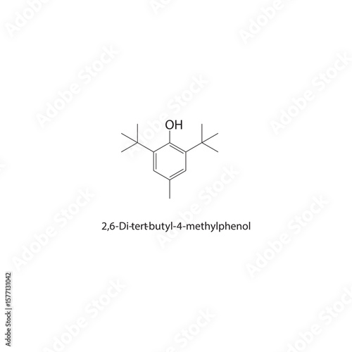 2,6-Di-tert-butyl-4-methylphenol (BHT) skeletal structure. Hindered phenol antioxidant compound schematic illustration. Simple diagram, chemical formula.