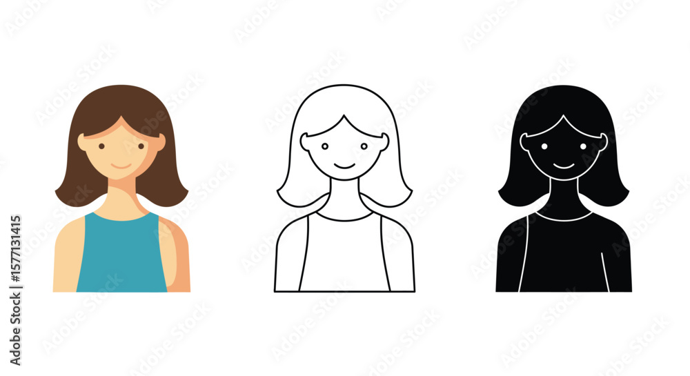 Woman icon set in color outline and silhouette styles vector illustration Woman icon set in color outline and silhouette styles vector illustration