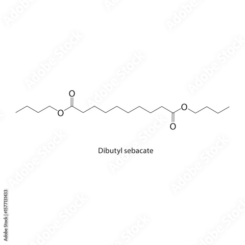 Dibutyl sebacate skeletal structure. Dicarboxylic acid diester compound schematic illustration. Simple diagram, chemical formula.
