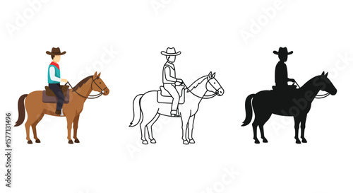 Horse riding illustration set with cowboy outline and silhouette styles