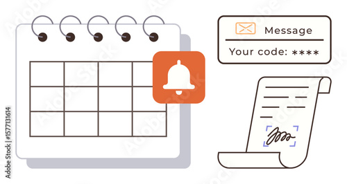 Calendar with reminder bell, security code message, and signed document icon convey planning, alertness, verification, and signature themes. Ideal for productivity, security, legal tasks schedules