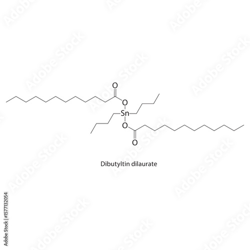 Dibutyltin dilaurate skeletal structure. Organotin ester compound schematic illustration. Simple diagram, chemical formula.
