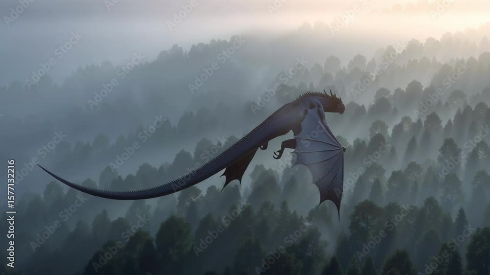Dark dragon with glowing eyes flies over a misty forest at dawn, its detailed scales and sharp horns creating a powerful and mystical atmosphere.