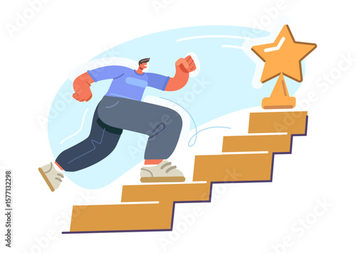 Ladder of success. Man runs up stairs to get reward. Achievement of personal professional goals, accomplishments