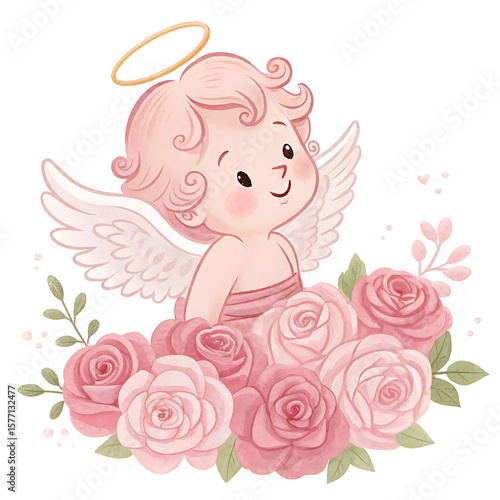 Adorable watercolor cupid with pink roses and golden halo isolated on white background