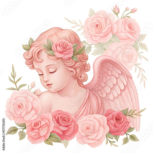 Elegant pink cherub surrounded by soft roses isolated on white background