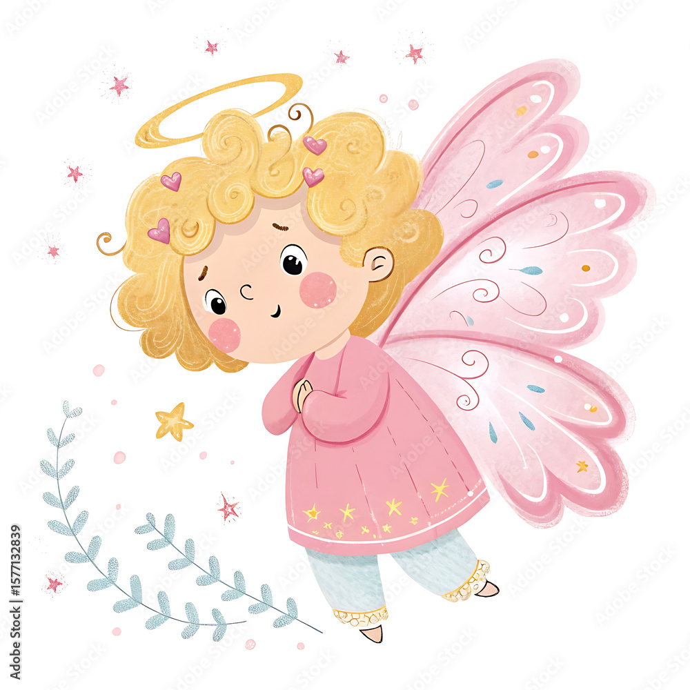 Cute cartoon angel with pink wings and golden halo isolated on white background Cute cartoon angel with pink wings and golden halo isolated on white background