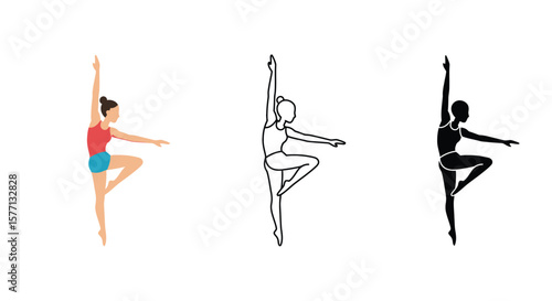Ballet Dancer in a Tree Pose Line Art and Colored Version