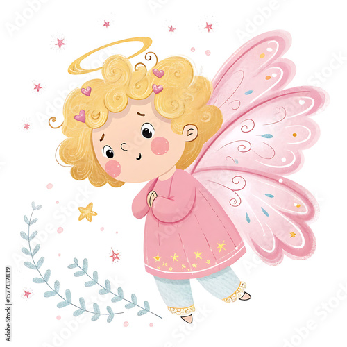 Cute cartoon angel with pink wings and golden halo isolated on white background