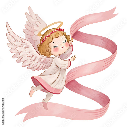 Cute watercolor angel with pink ribbon and flower crown isolated on white background