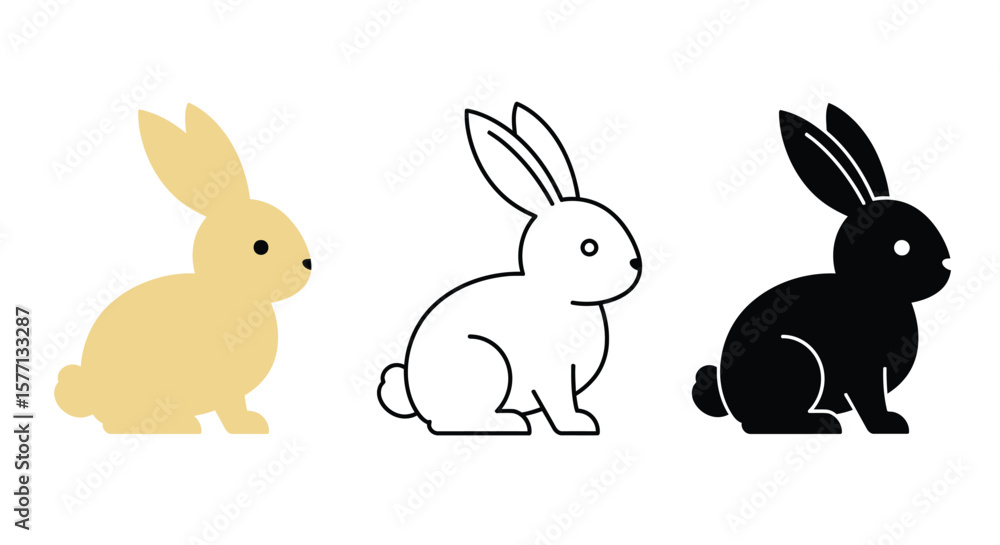Rabbit Icons in Different Styles Colored Outline and Silhouette Rabbit Icons in Different Styles Colored Outline and Silhouette