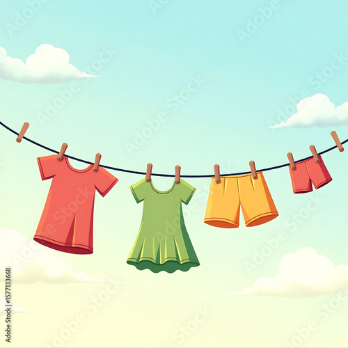 Clothes hanging on a clothesline against a blue sky with cartoon clouds.