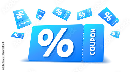 Blue coupons with percentage fly away on white background. Vector illustration