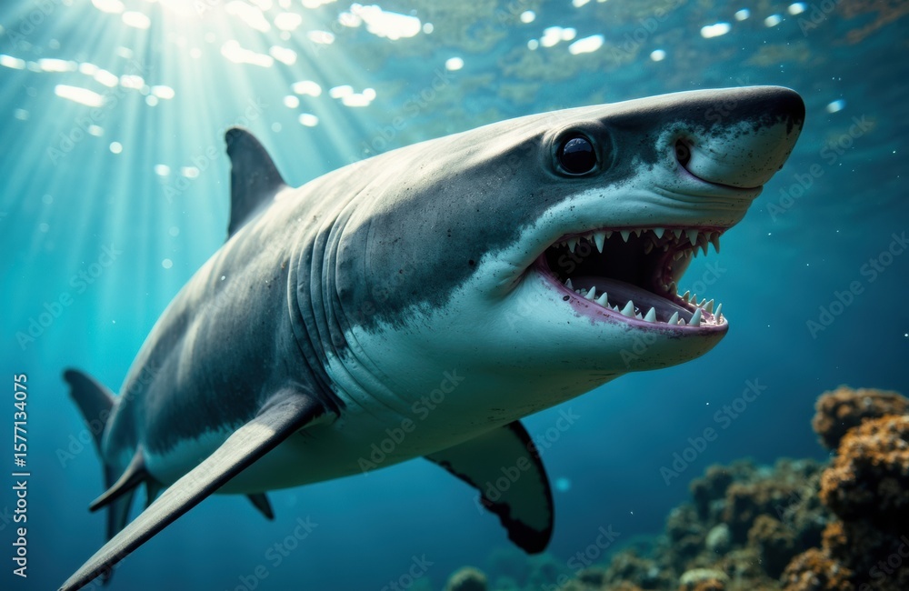 Naklejka premium Great white shark swimming underwater with sunlight filtering through the surface