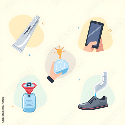 Illustration showing a tube, phone, idea, funnel, and shoe, representing various concepts and elements.