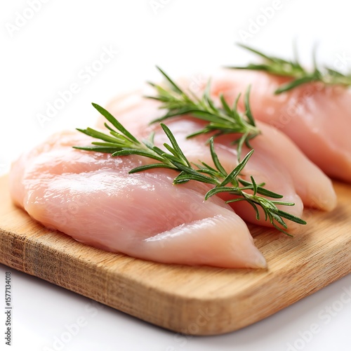 Fresh raw chicken breasts with rosemary sprigs on a wooden board isolated on white background