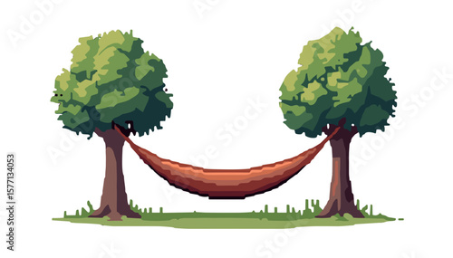 Vector illustration of a hammock between trees shaped like a smile, representing relaxation and nature.