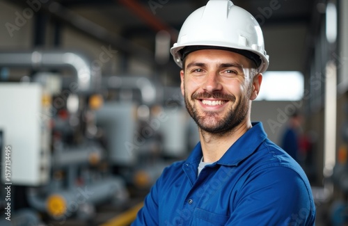 Wallpaper Mural Confident male engineer wearing a white safety helmet and blue uniform in an industrial setting Torontodigital.ca
