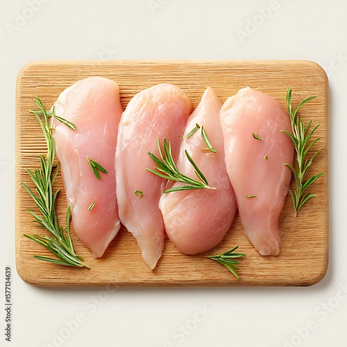Four raw chicken breasts with rosemary sprigs on a wooden cutting board isolated on white background