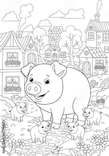 Mother pig with little piglets. coloring book