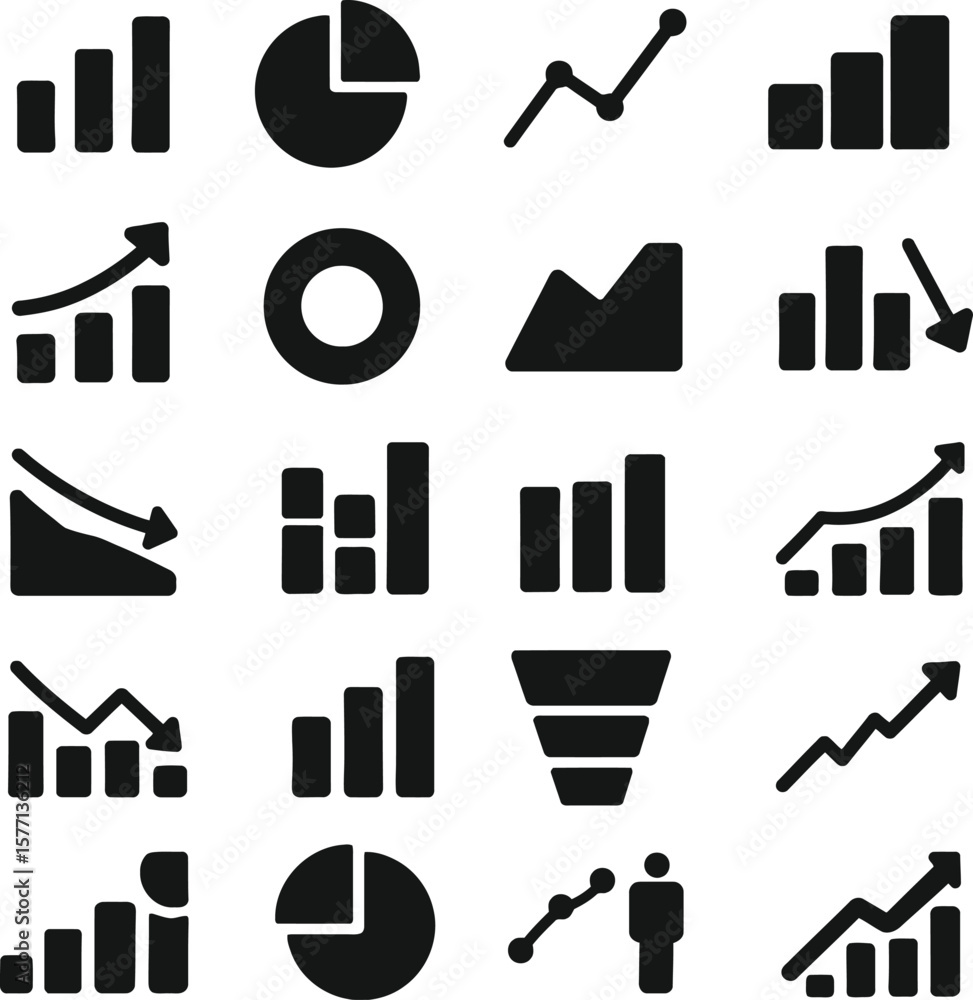 Obraz premium Business Chart and Graph Silhouettes Vector Data Icon Set