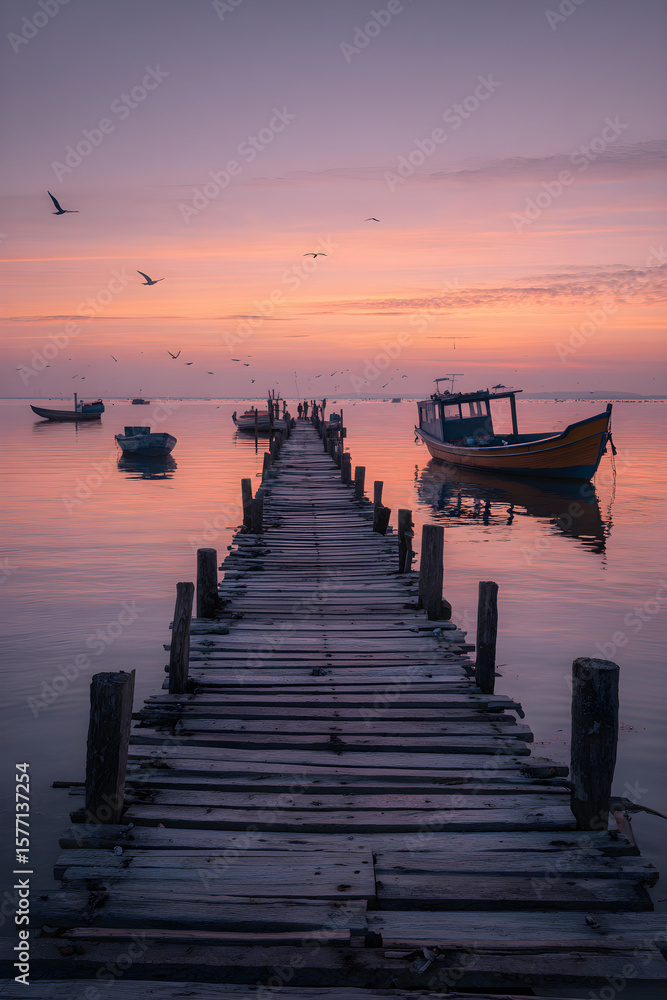 Fototapeta premium Serene Morning at the Wharf: A Harmonious Blend of Nature and Tranquility