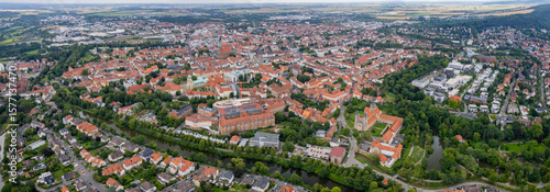 Aerial view around the old town in the city Hildesheim on an sunny spring day