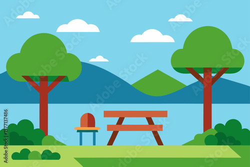 Park Landscape with Trees and Clear Blue Sky