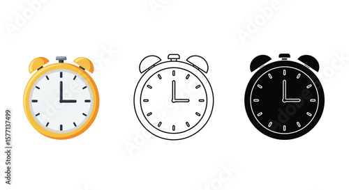 Alarm Clock Illustration in Color Outline and Silhouette Styles on White