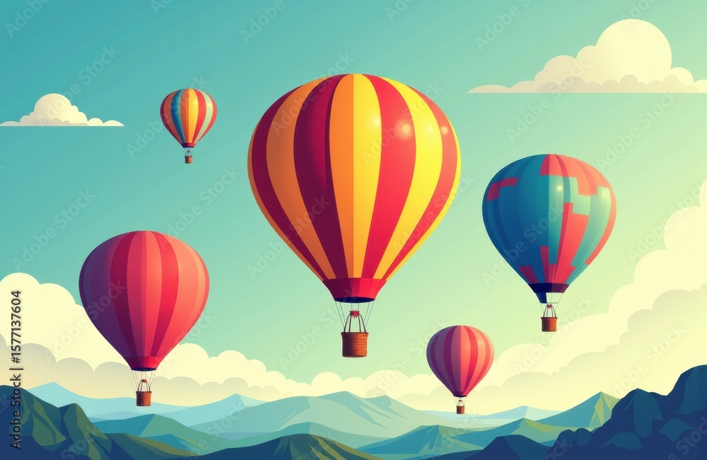 Fototapeta premium Colorful hot air balloons floating over mountain landscape with a bright sky